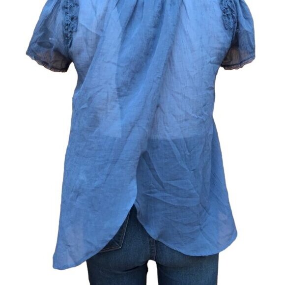 Willow & Clay Ruffle Blue Sheer Blouse Cottage Top Shirt Size M - Picture 7 of 8